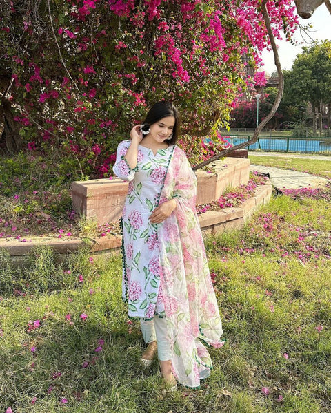 Latest Multi Color Muslin Linen Cotton Printed Pum pum Work Salwar Suit