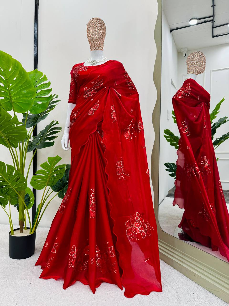 Latest Red Color Jimmy Chu Sequence Thread Work Saree Blouse