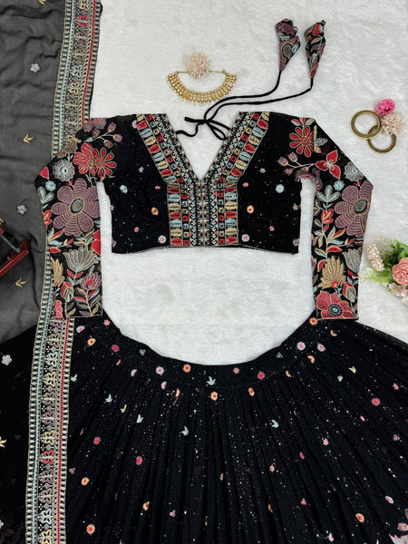 Designer Black Georgette With With Embroidered Work Lehenga