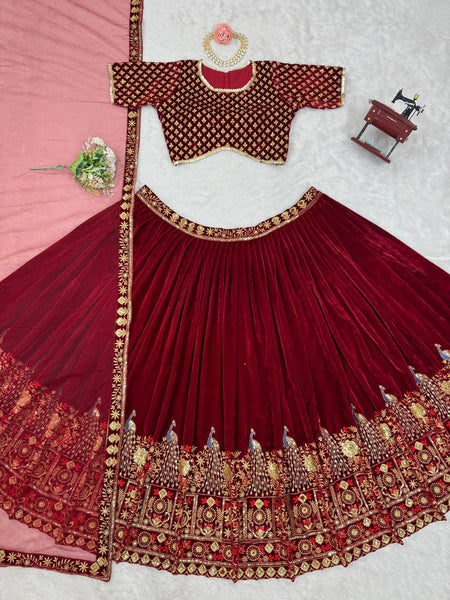 Latest Maroon Wedding Velvet Lehenga For Women