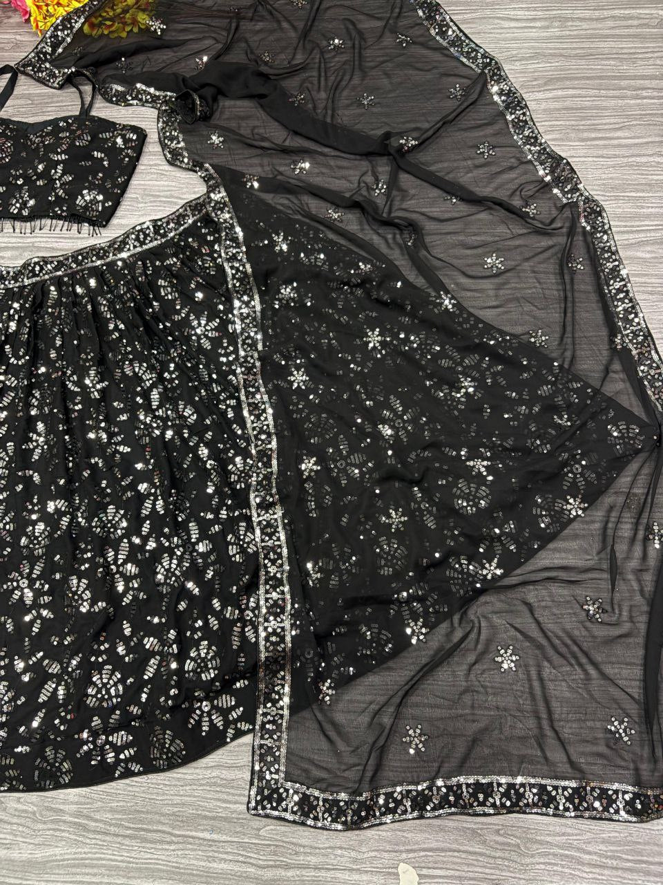 Black Color Sequence Georgette Lehenga Choli