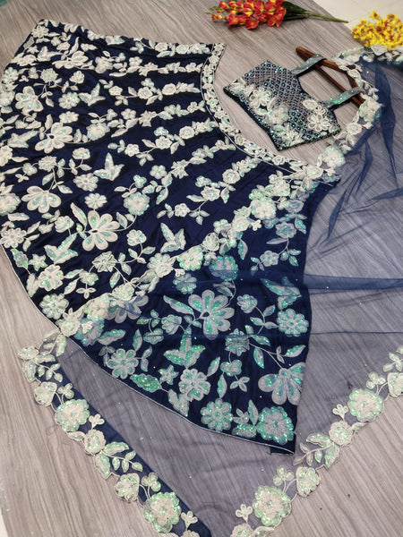 Blue Color Embroidered Sequence Silk Georgette Lehenga Choli