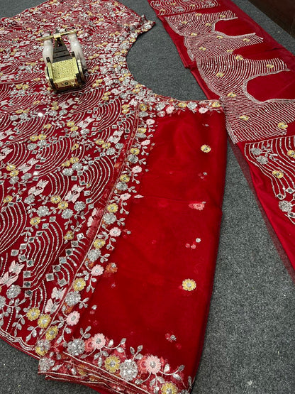 Red Net Party Wear Lehenga For Women