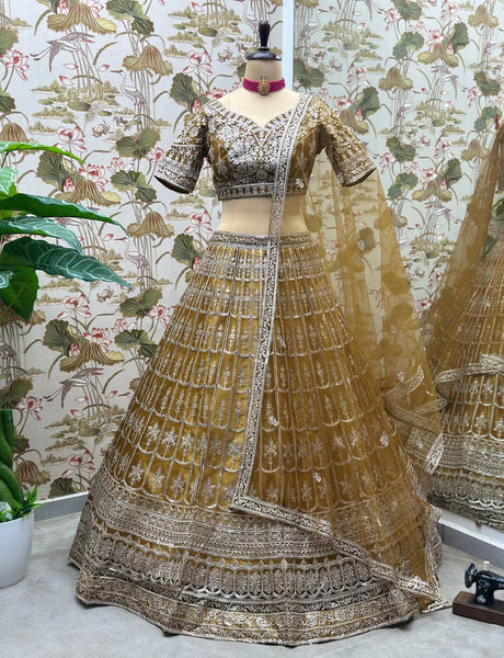 Mustard color Embroidery With Sequence Work Net Lehenga Choli