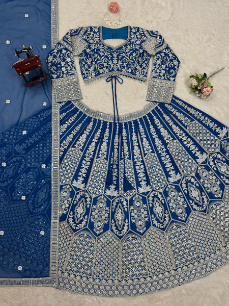 Blue Georgette Embroidery Lehenga