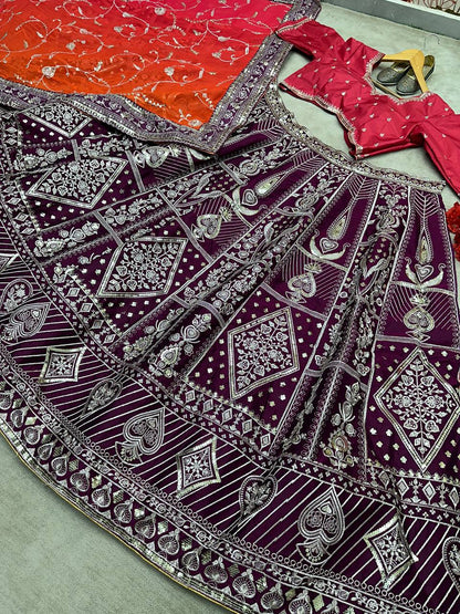 Wine Color Jalpari Silk Embroidered Lehenga Choli