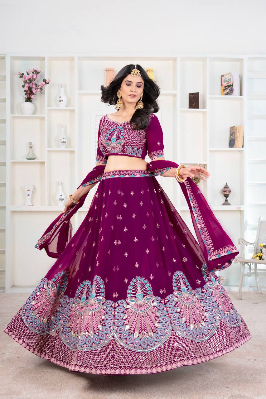 Wedding Wear Wine Georgette Sequence Lehenga Choli