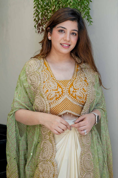 Ready to Wear Chinon Silk Multi Thread Work Indo Western Drape Saree