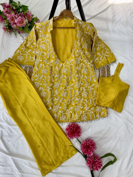 Yellow Color Chinon Silk Muiti Thread Indo Western
