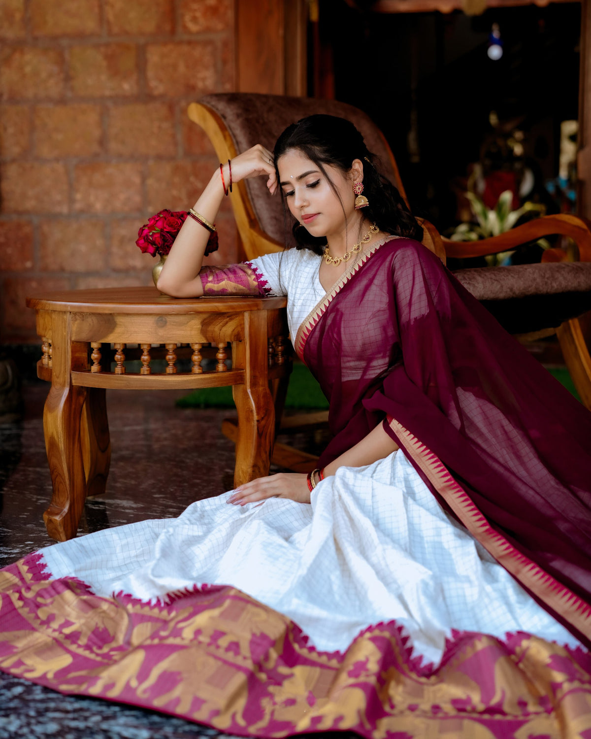 Off WHite Color Chex Weaving Zari Poly Cotton Lehenga Choli