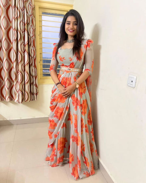 Grey Color Ready to wear Georgette Digital Printed Lehenga Saree