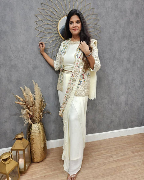 White Color Ready to wear Chinon Silk Jacket Saree