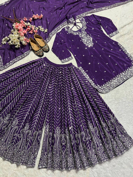 Purple Color Embroidered Chnon Silk Sharara Suit