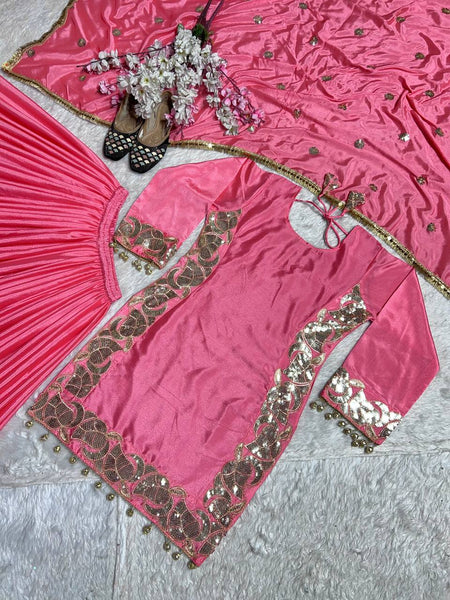 Peach Color Chinon Silk Sequence Work Sharara Suit