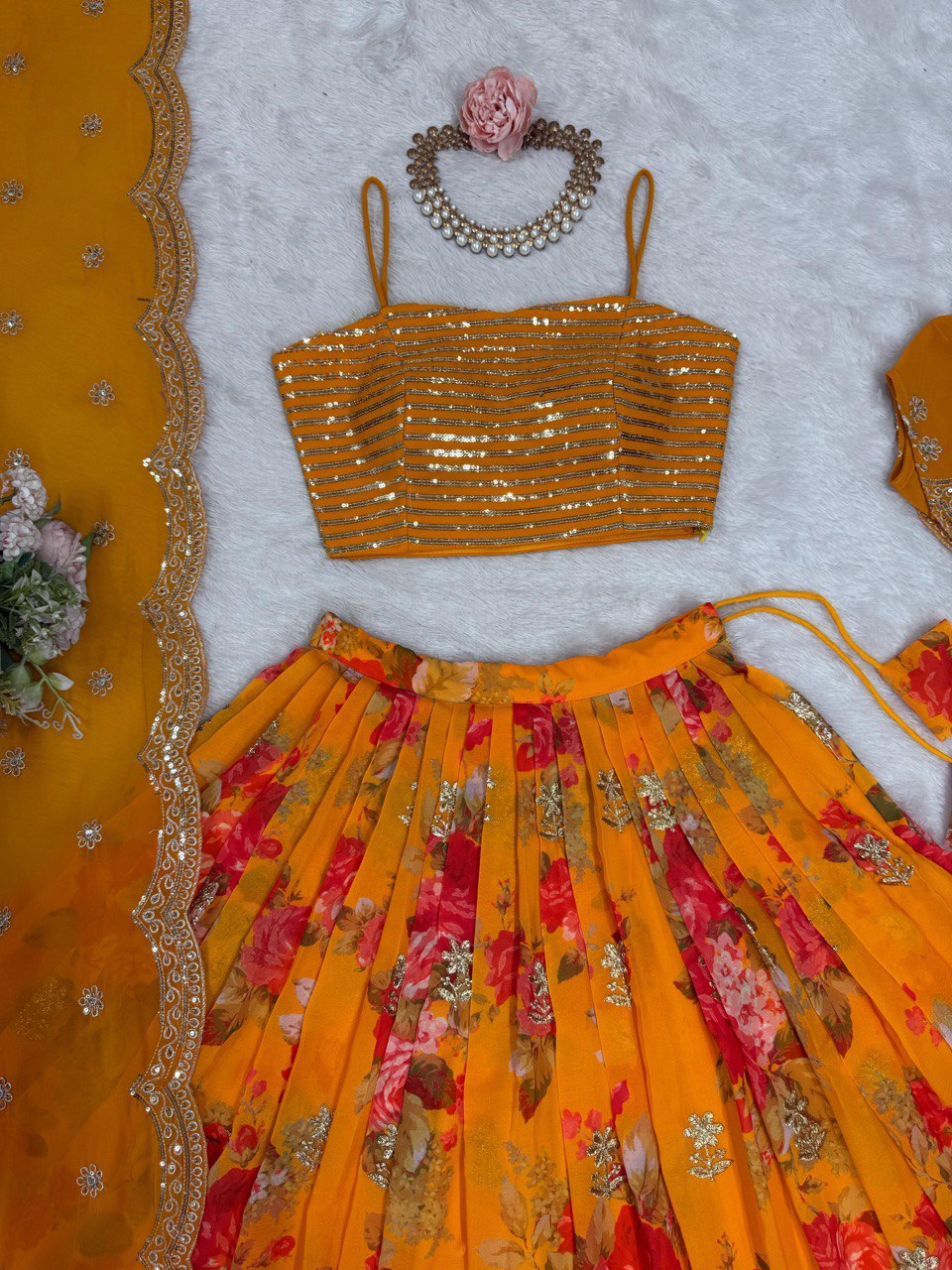 Orange Color Georgette Sequence Koti Lehenga Choli