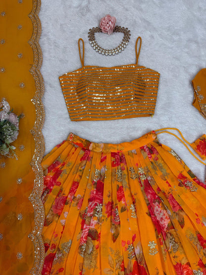 Orange Color Georgette Sequence Koti Lehenga Choli