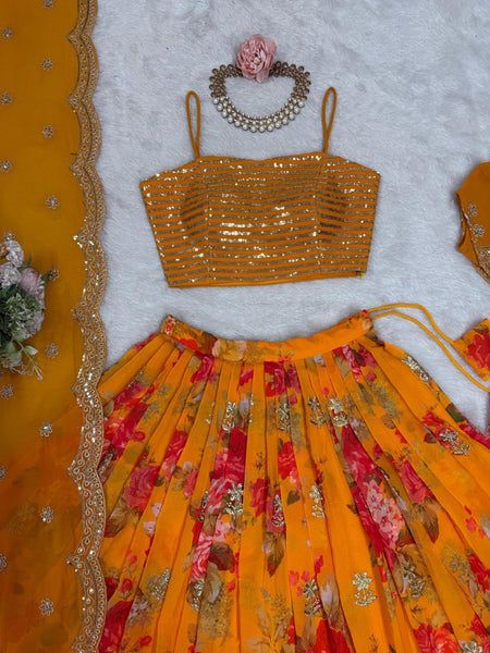 Orange Color Georgette Sequence Koti Lehenga Choli