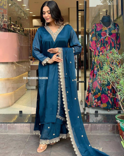 Trendy Rama Satin Embroidery Salwar Suit