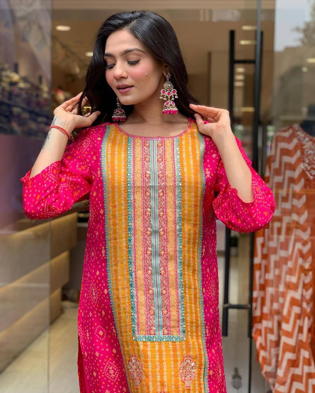 Pink Color Satin Stone Work Bandhani Printed Salwar Suit