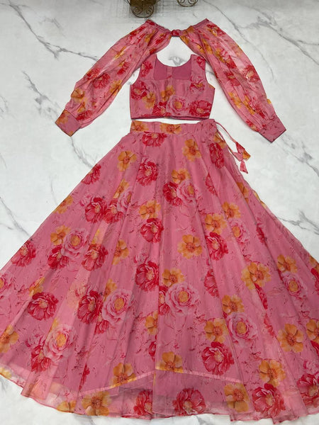 Pink Color Full Stitched Printed Organza Lehenga Choli