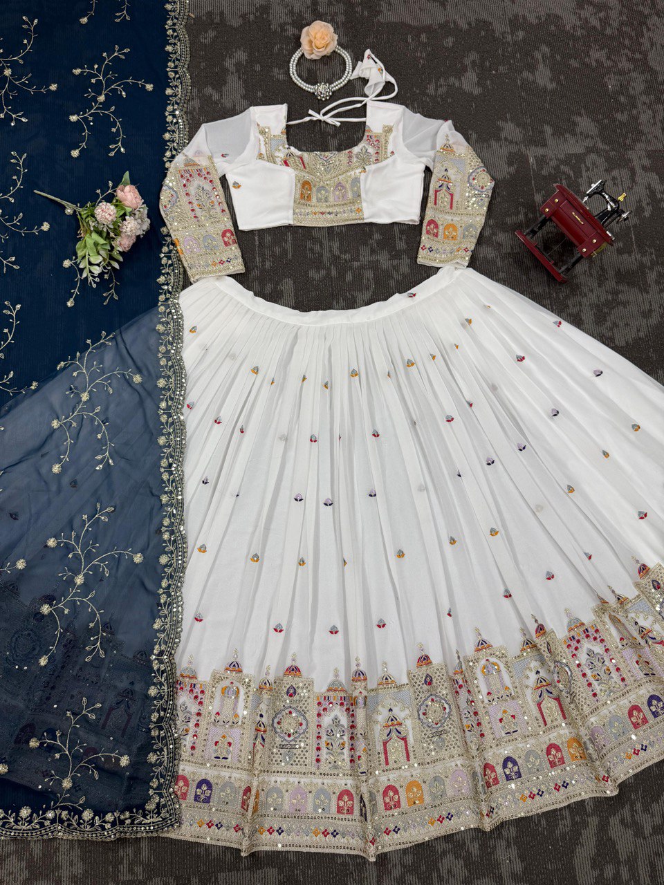 White Color Faux Georgette With Sequnce Work Lehenga Choli