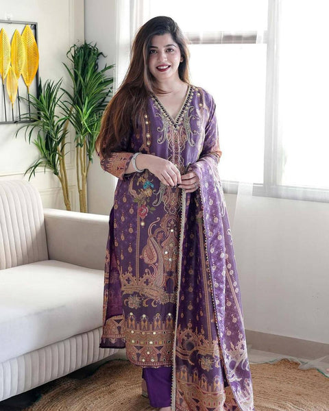 Purple Color Satin Printed Mirror Salwar Suit