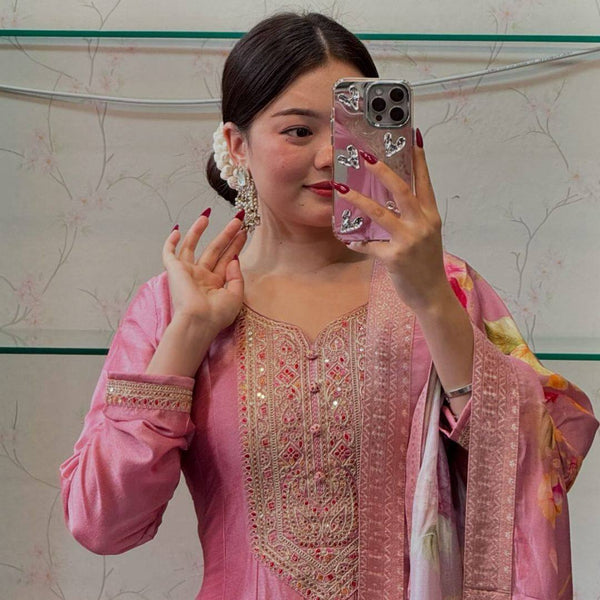 Pastel Pink Color Roman Silk Embroidery Salwar Suit
