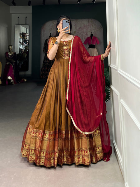 Brown Color Cotton Zari Weaving Gown Dupatta