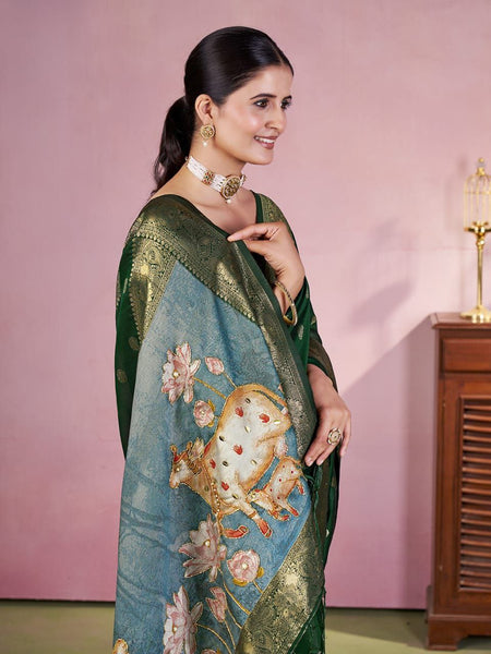 Green Color Jacquard Digital Zari Weaving Saree Blouse