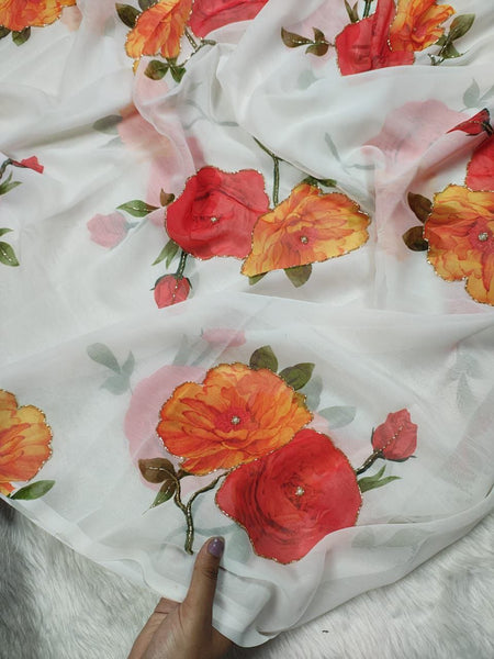 Latest White Color Georgette Hand Work Printed Saree Blouse