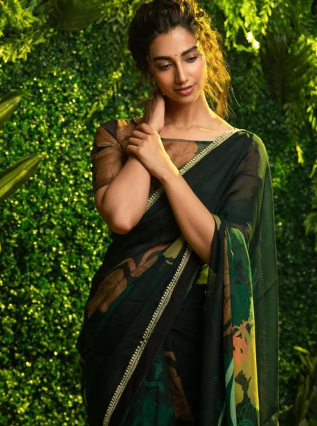 Party Wear Green Color Georgette Digital Printed Saree Blouse