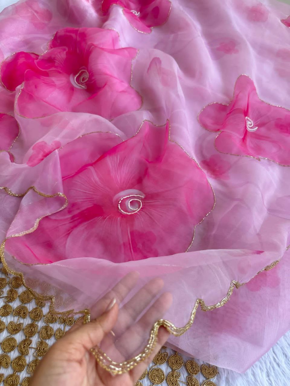 Pink Color Organza Silk Moti Hand Work Saree Blouse