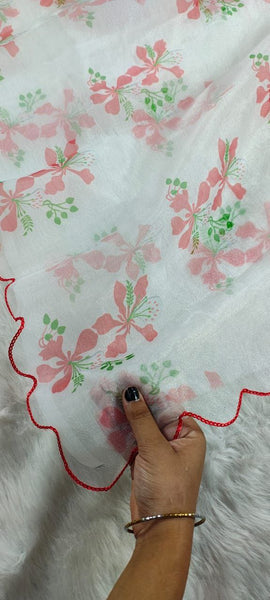 White Color Organza Silk Printed Saree Blouse