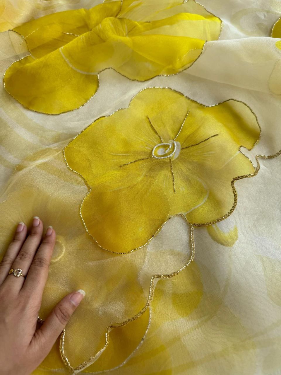 Latest Yellow Color Moti Hand Work Organza Silk Saree Blouse