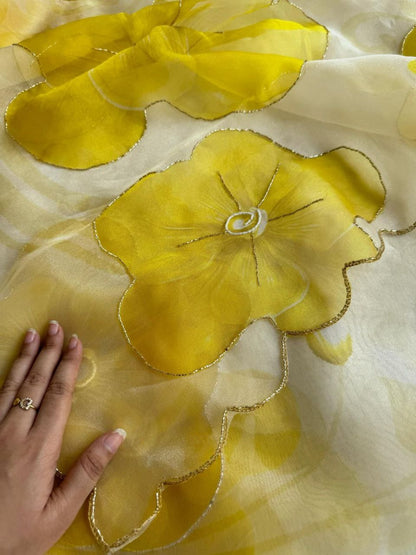 Latest Yellow Color Moti Hand Work Organza Silk Saree Blouse