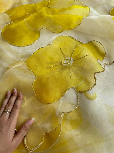 Latest Yellow Color Moti Hand Work Organza Silk Saree Blouse