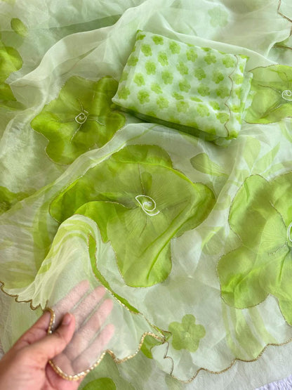 Green Color Organza Silk Digital Printed Hand Work Saree Blouse