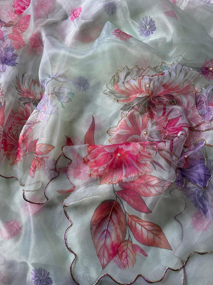 Multi Color Chinon Silk Sequence Printed Saree Blouse