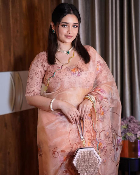 Organza Silk Moti Hnd Work Pirnted Saree Blouse