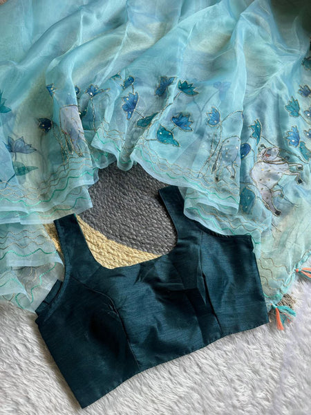 Organza Khatli Work Printed Saree Blouse