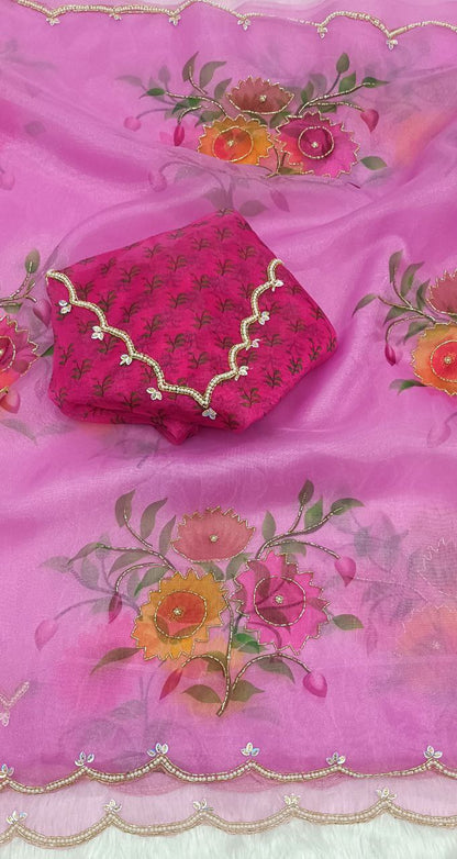 Purple Color Organza Printed Khatli Work Saree Blouse