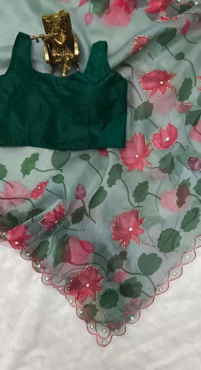 Latest Green Color Moti Khatli Work Organza Saree Blouse