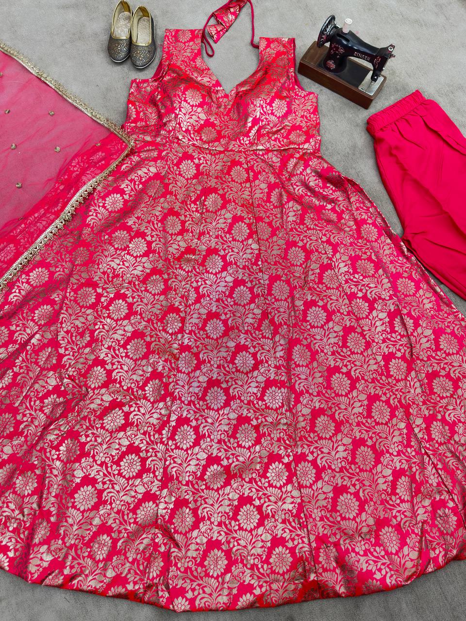 Rani Cclor Jacquard Anarkali Gown Dupatta Bottom Set