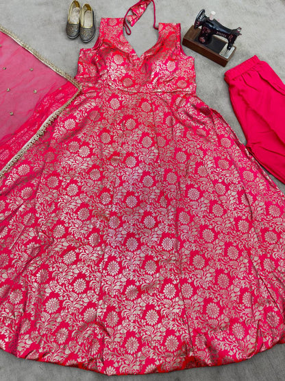 Rani Cclor Jacquard Anarkali Gown Dupatta Bottom Set