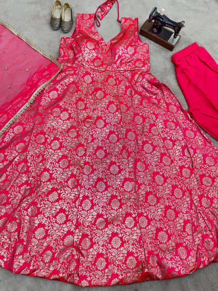 Rani Cclor Jacquard Anarkali Gown Dupatta Bottom Set