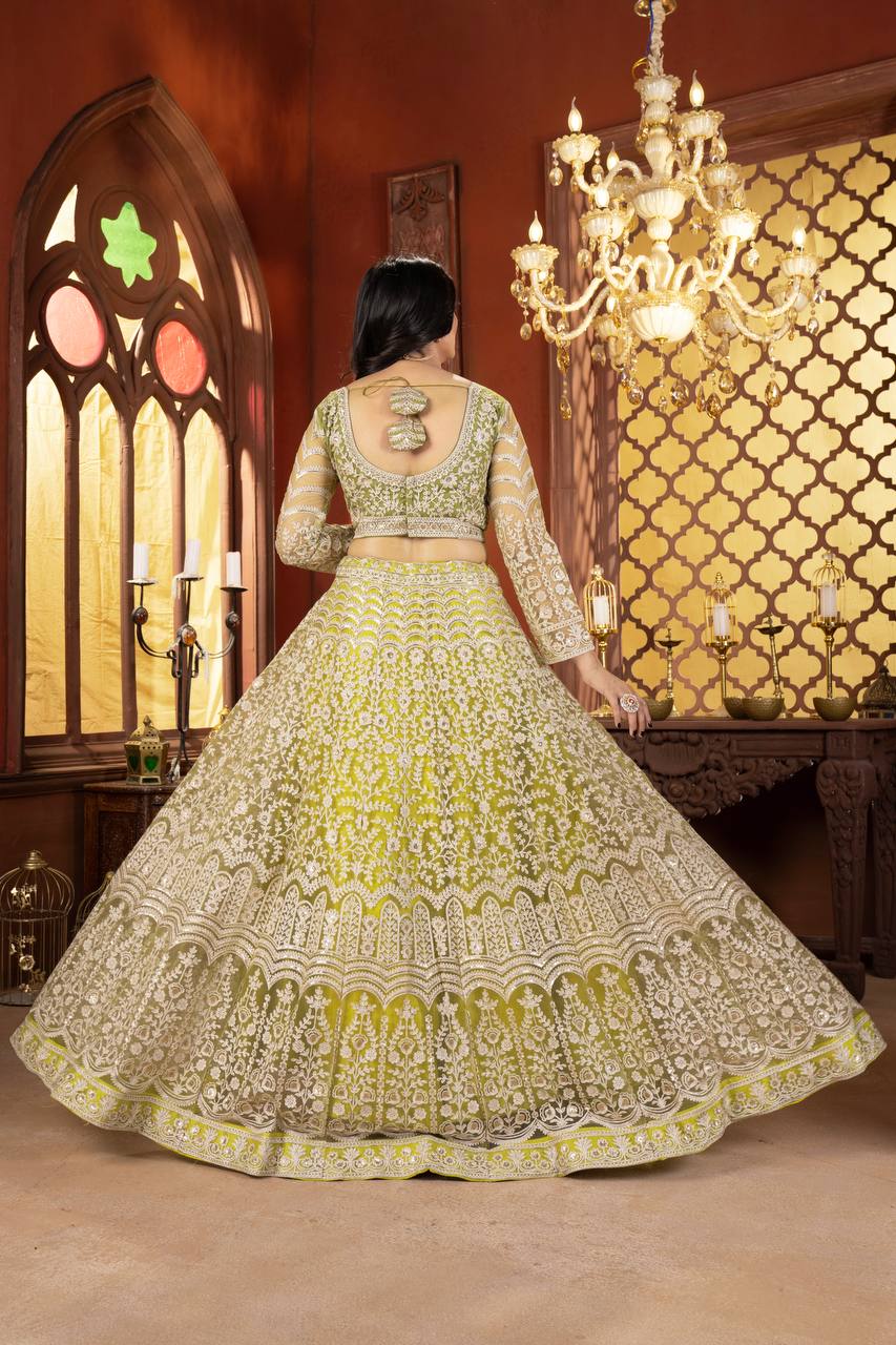 Green Color Net Sequence Lehenga Choli