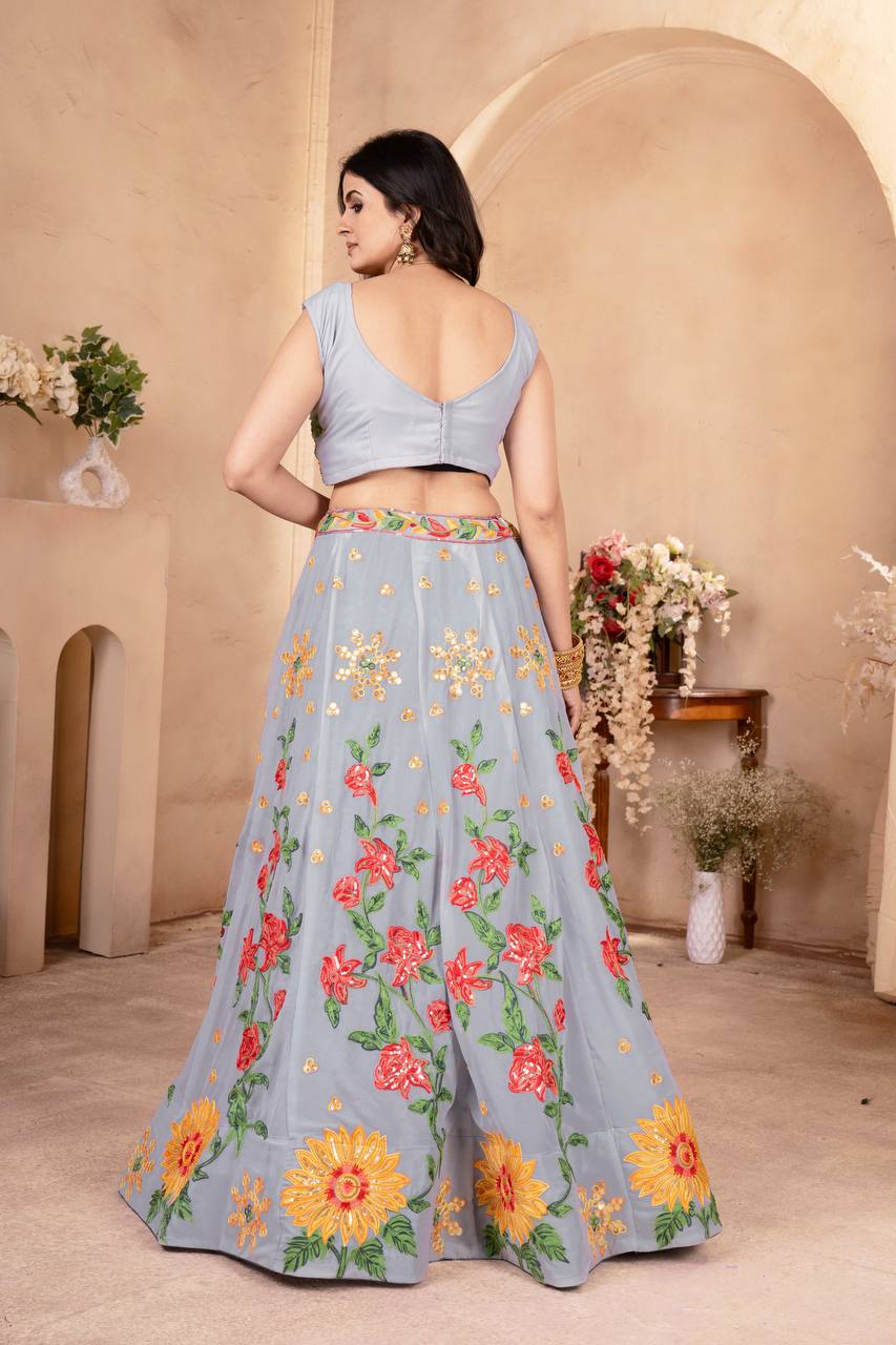 Latest Grey Color Georgette Embroidery Lehenga Choli