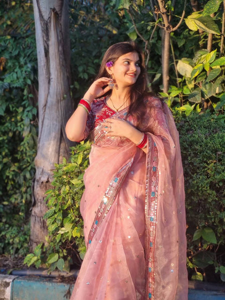 Pink Color Organza Silk Sequence Saree Blouse