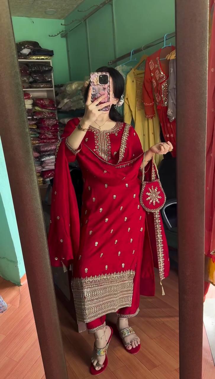 Red Color Roman Silk Sequence Salwar Suit