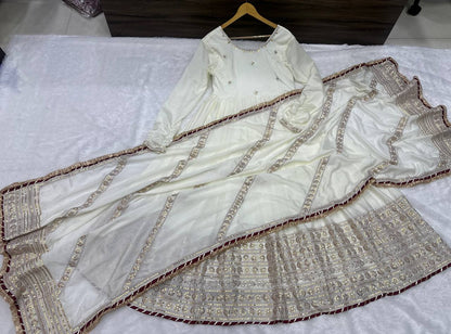 Ville Fashion Women's Off-White Chinon Silk Anarkali Suit with Heavy Sequence Work & Salwar